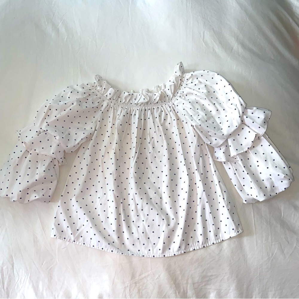 Polkadot White off shoulder ruffled blouse white blue 2/4 sleeve romantic petite